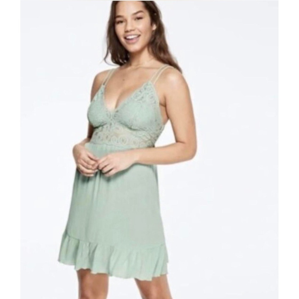 Victoria's Secret PINK Lace Bodice Ruffle Mini Dress Sage Green Size M